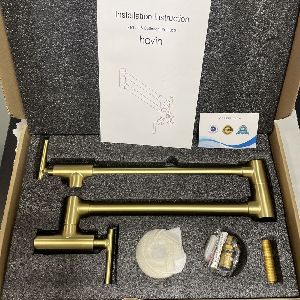 Havin Gold Brushed Brass Commercial Pot Filler Faucet WallMount DoubleJoint 360°
